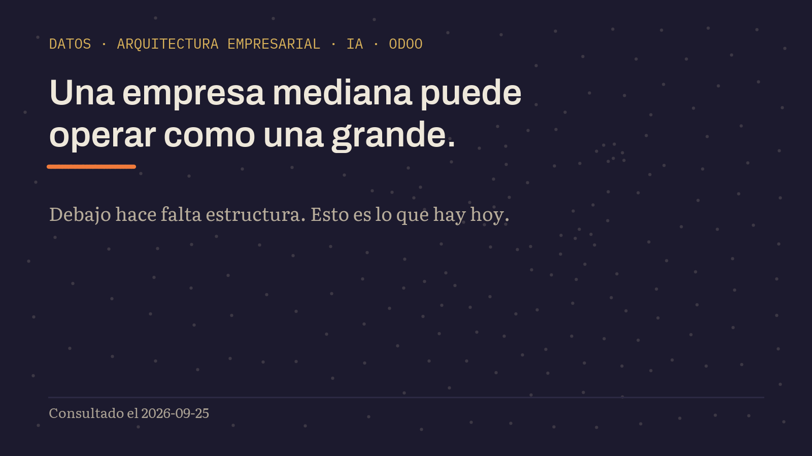 Película de portada: cómo una empresa mediana pasa a operar como una grande, con datos, arquitectura, IA y Odoo. Las cifras que aparecen se consultan al generarla.